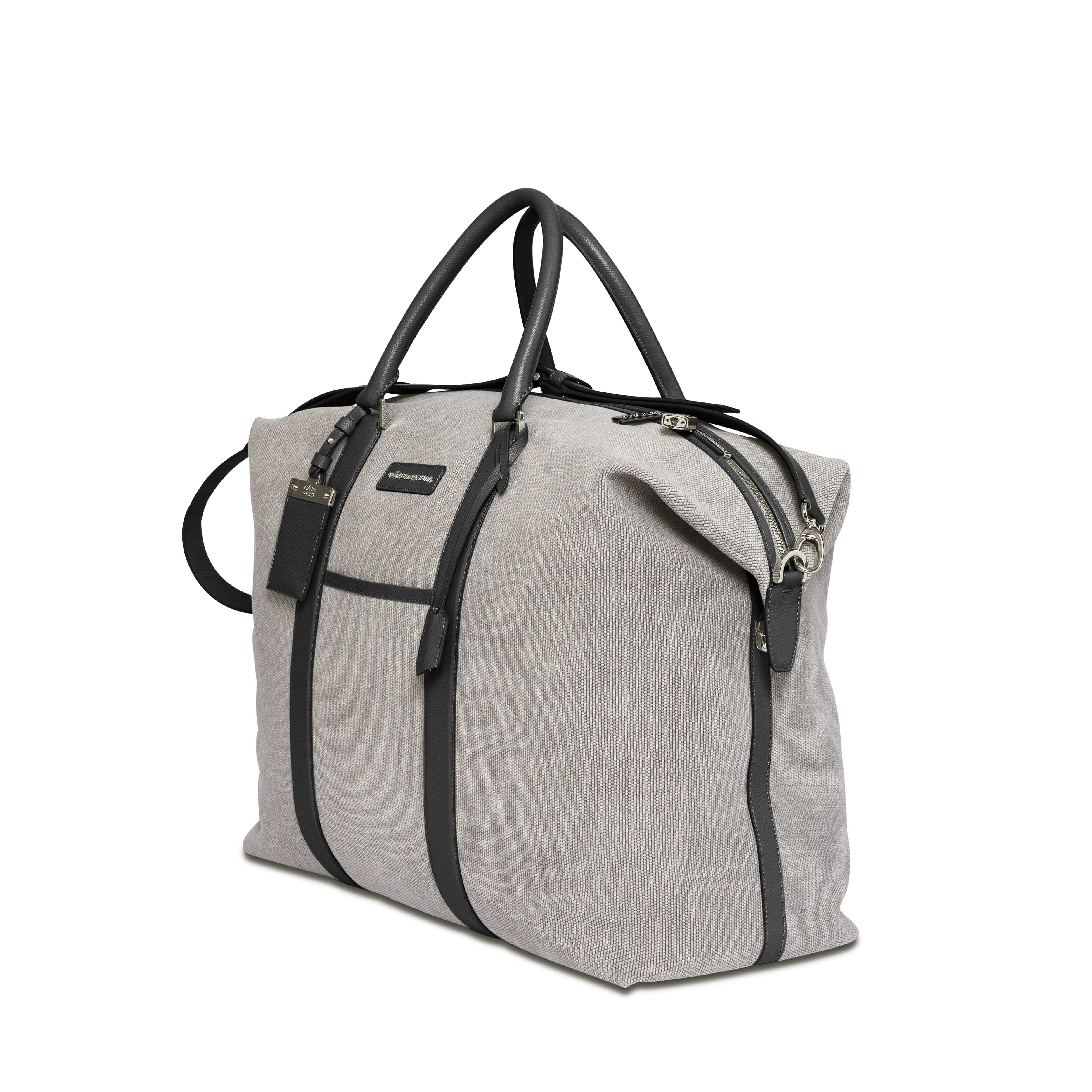 Nando Leather Weekender Bag Small - Light Grey Canvas & Black Saffiano Leather