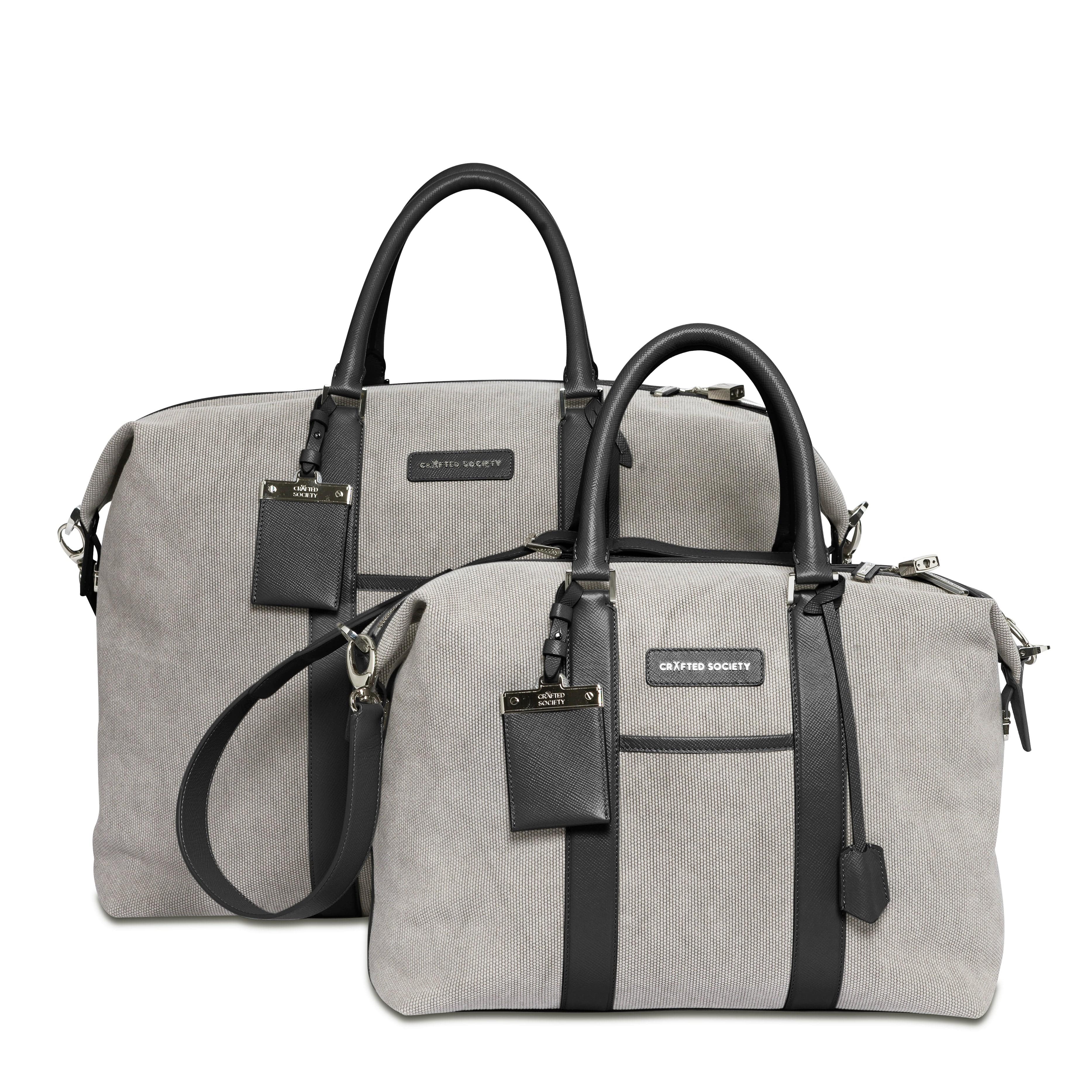 Nando Leather Weekender Bag Small - Light Grey Canvas & Black Saffiano Leather