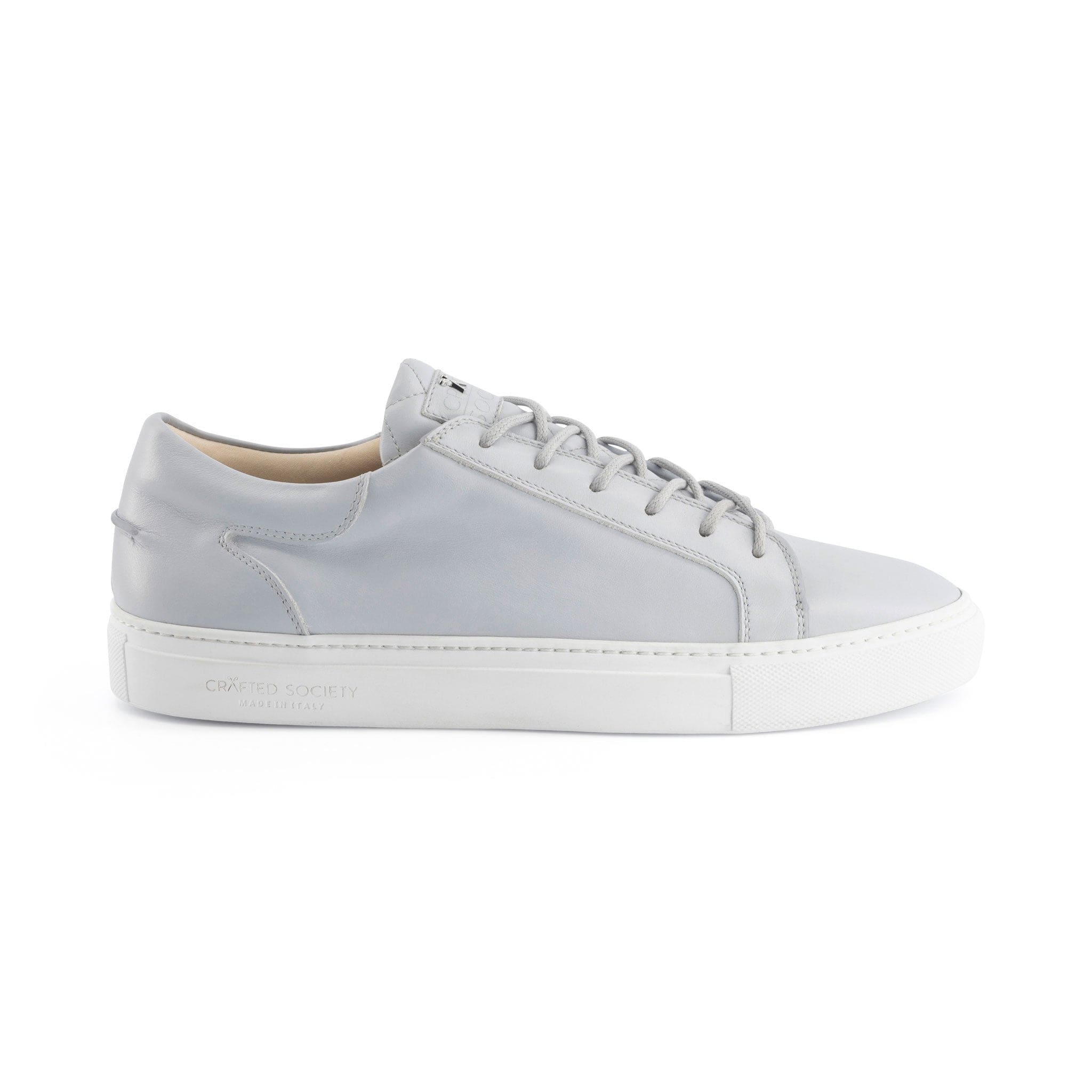 Italian leather sneaker in pearl grey top grain leather with white outsole