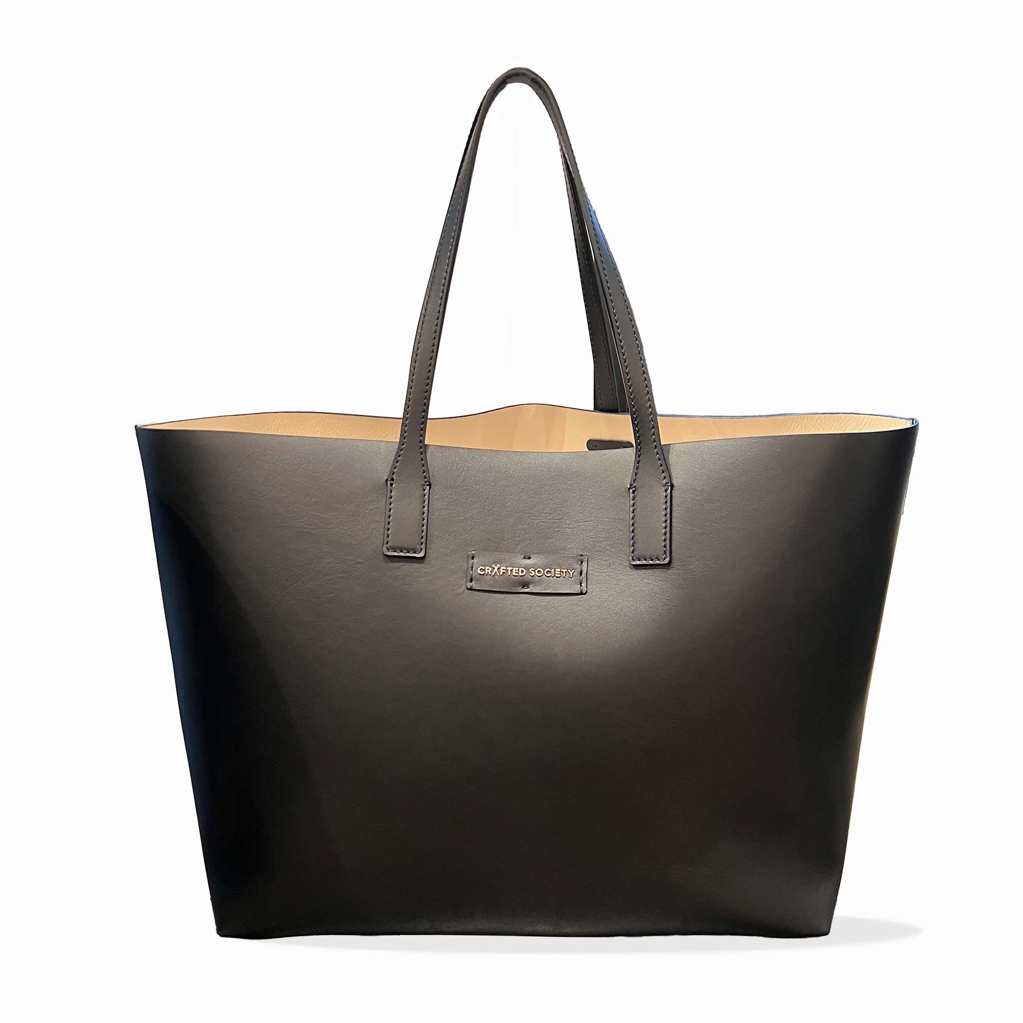 shopper tote bag handcrafted in Italy full grain italian leather in black by crafted society