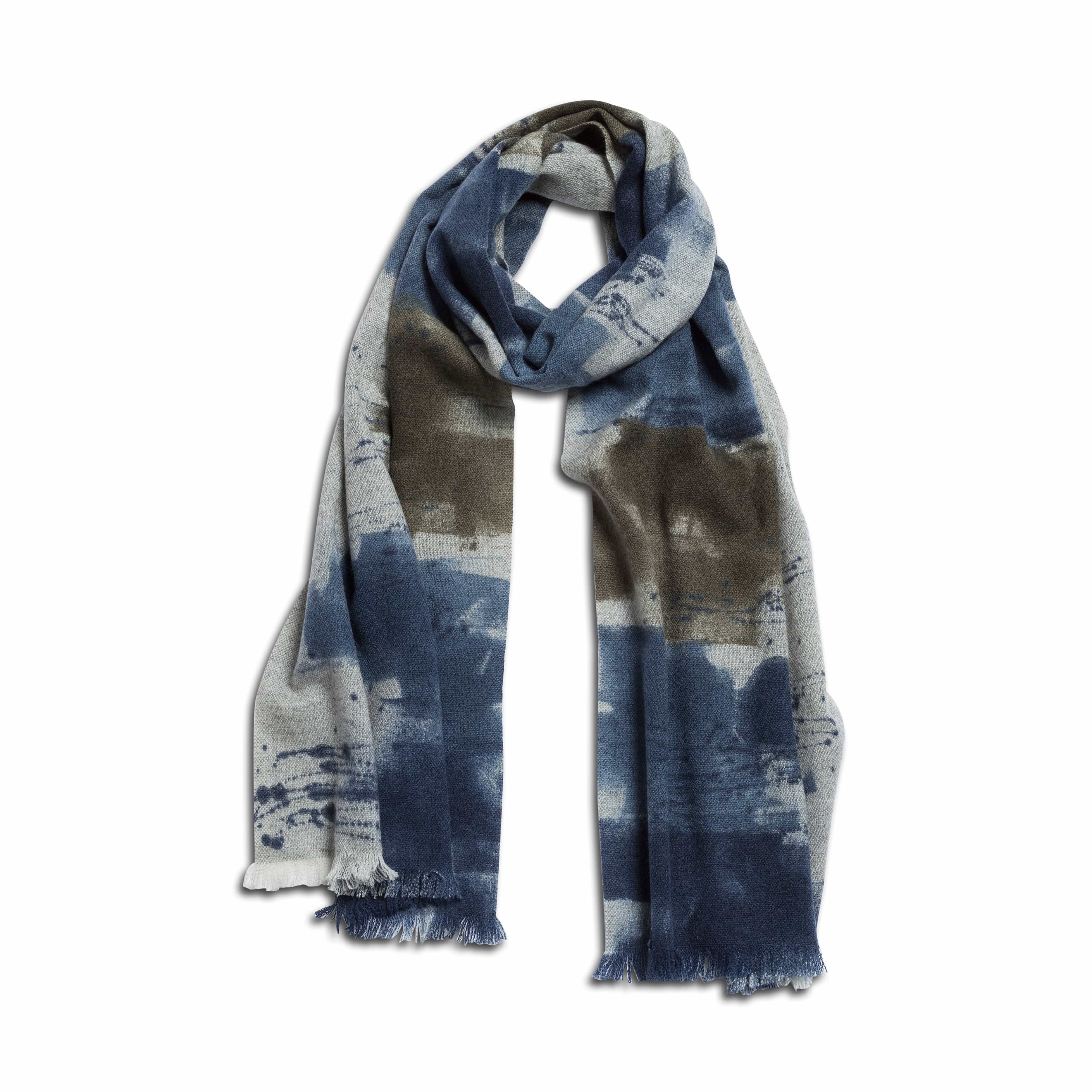 Marco Cashmere Scarf – Handpainted - Grey & Blue - Made in Italy
