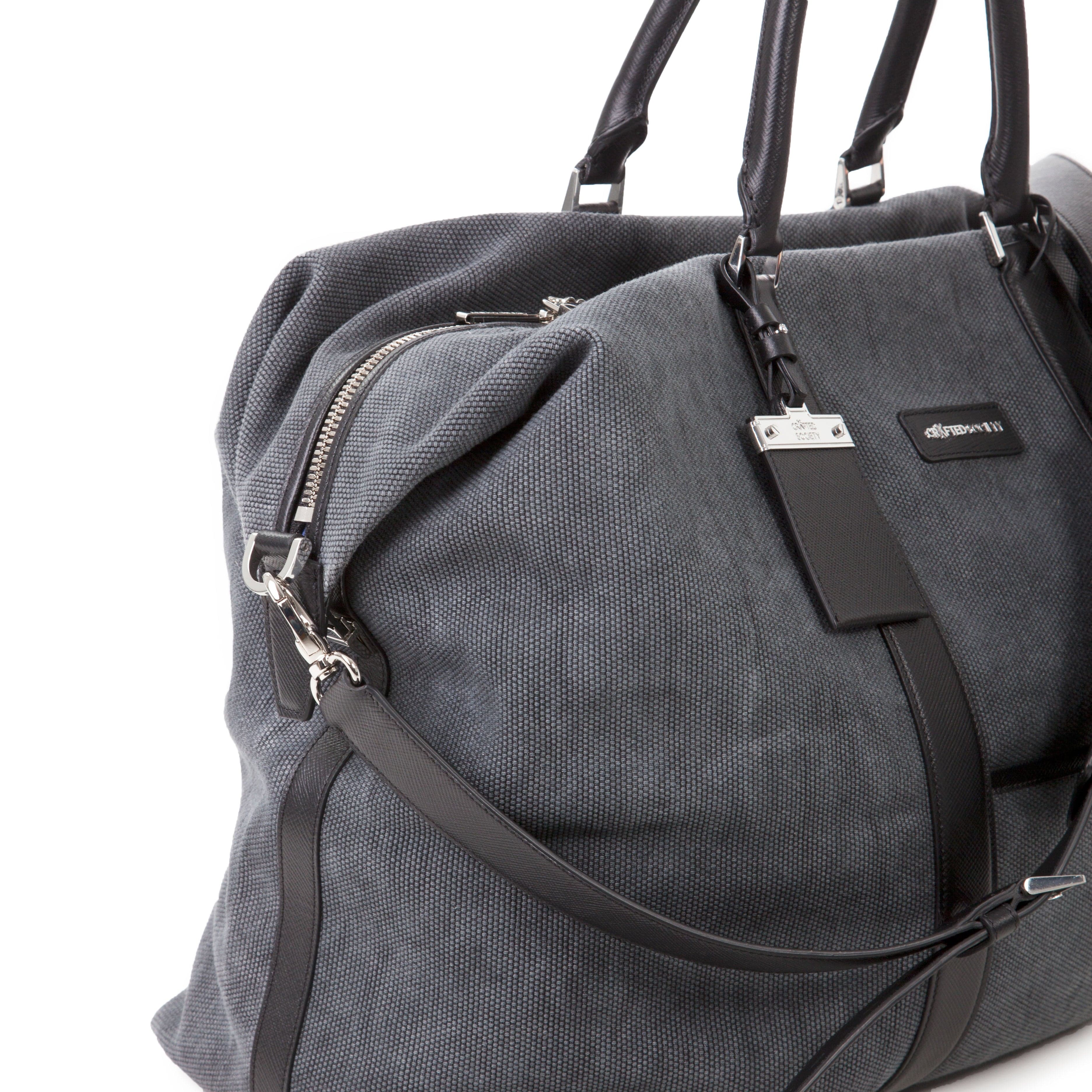 Nando Leather Weekender Bag - Anthracite Canvas & Black Saffiano Leather